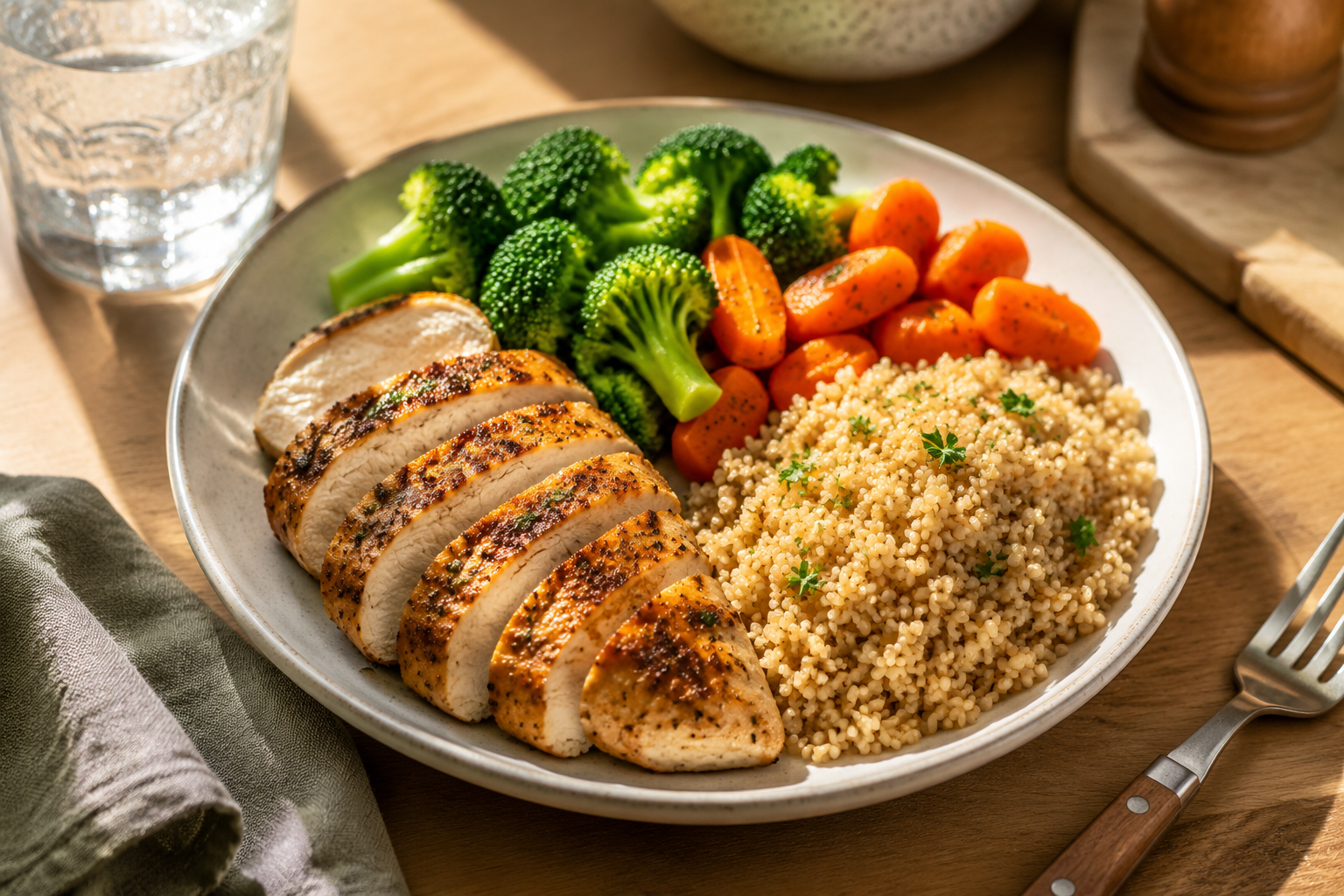 balanced plate with protein vegetables and whole grains arranged neatly