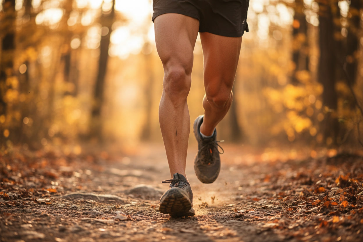 close up of runner's legs in motion on a trail showing muscle definition and movement