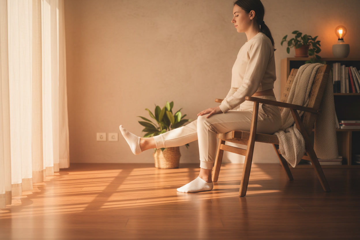 person doing gentle leg exercises while sitting on a chair