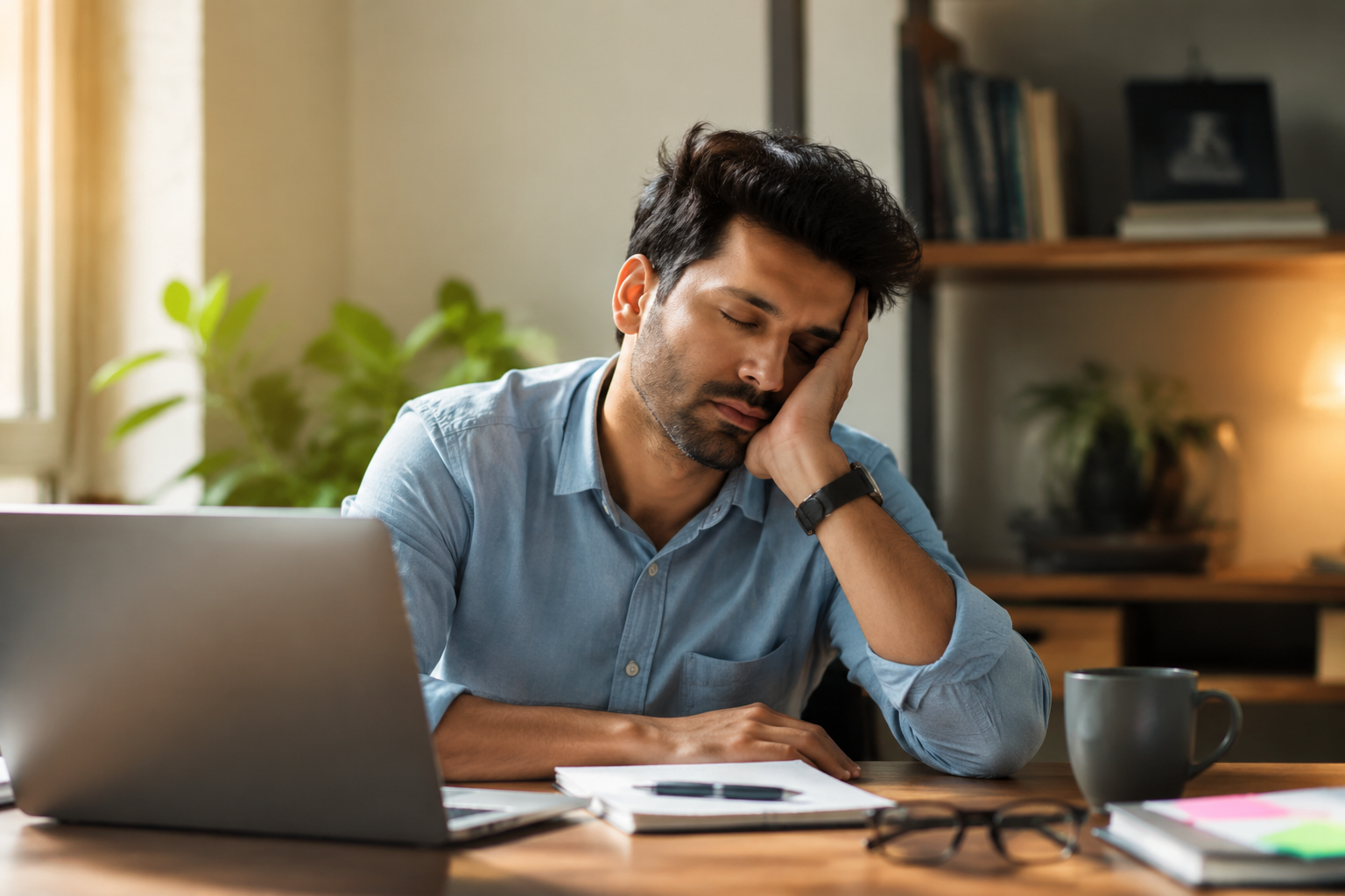 person feeling drowsy at desk after lunch with head resting on hand