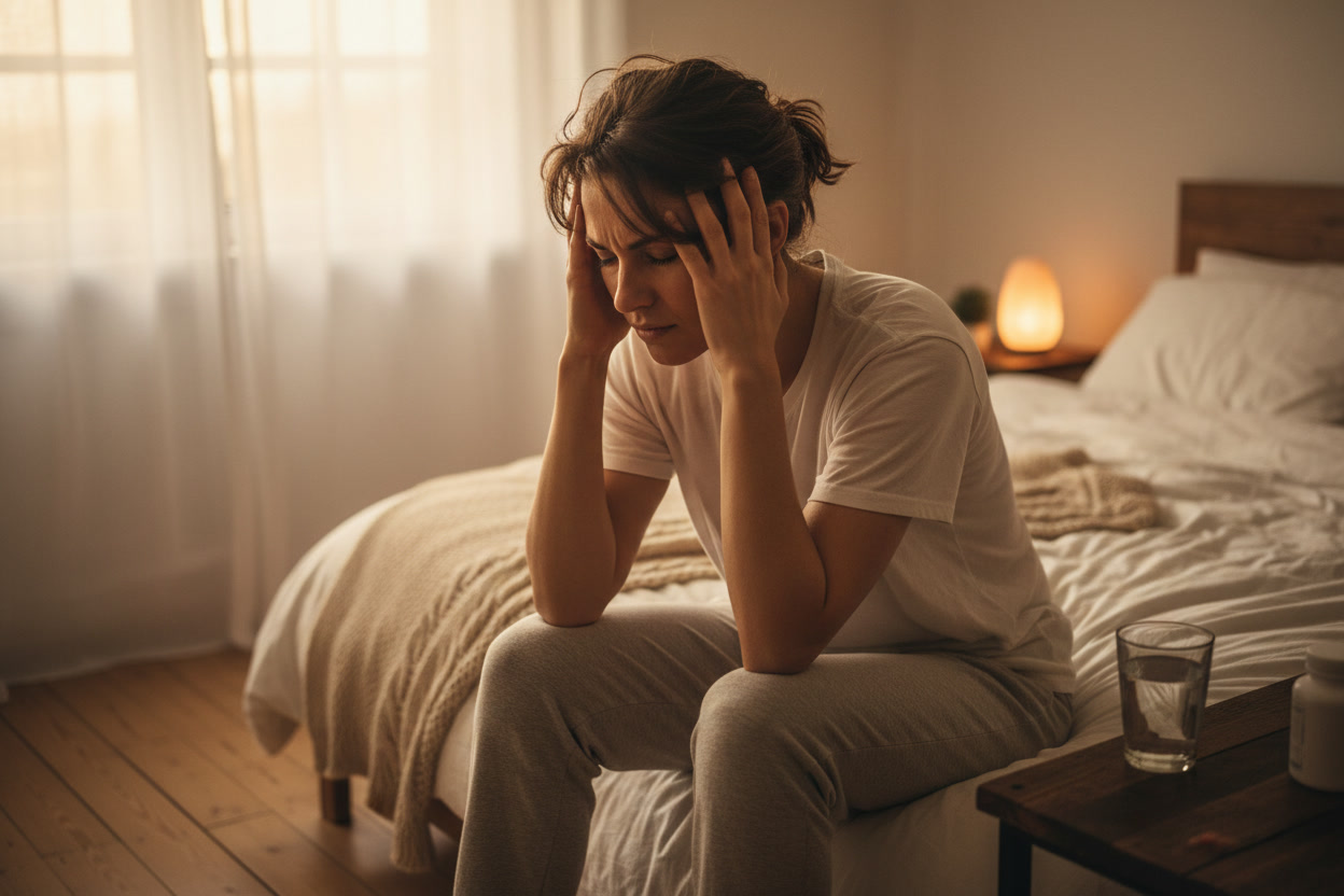 person sitting on edge of bed holding their head feeling dizzy