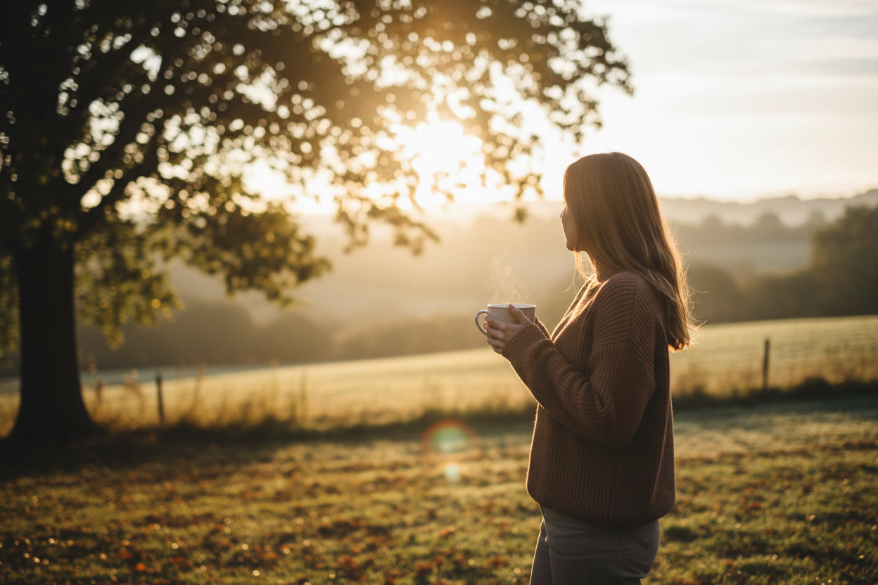 person standing outside in morning sunlight with coffee cup