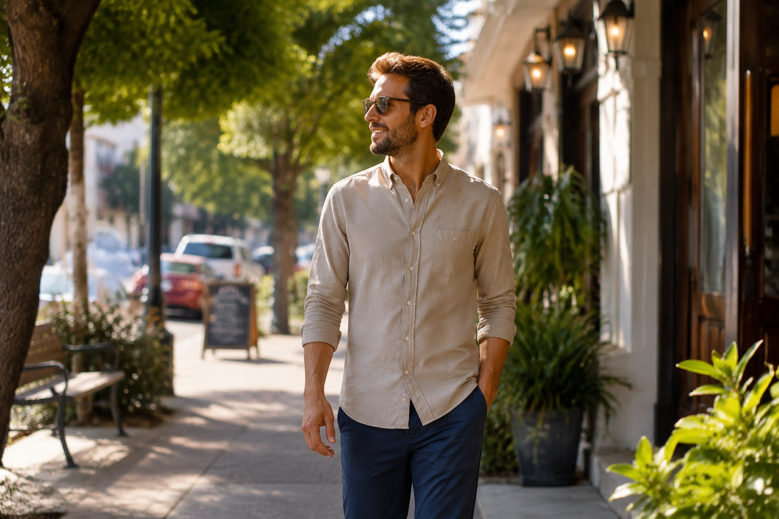 person taking a casual walk outdoors after a meal in daylight