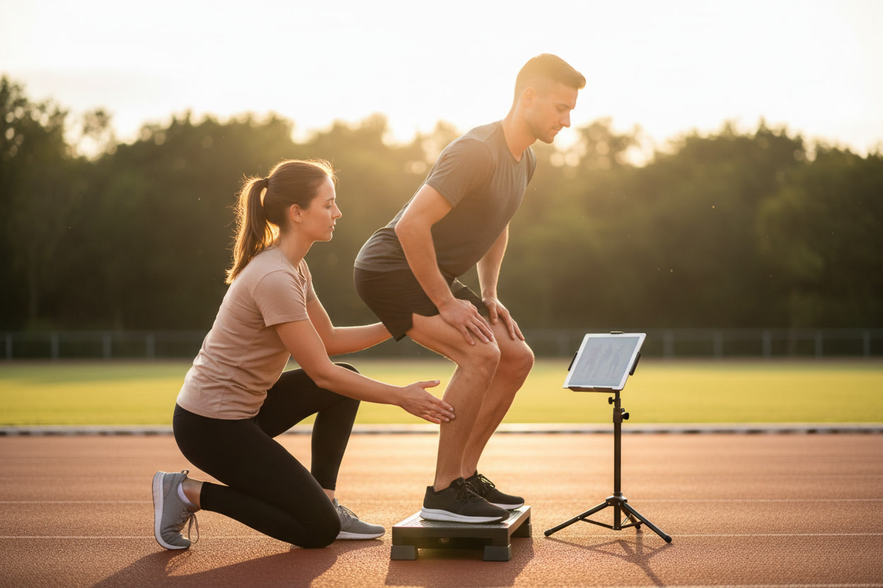 physical therapist examining runner's knee alignment and movement pattern