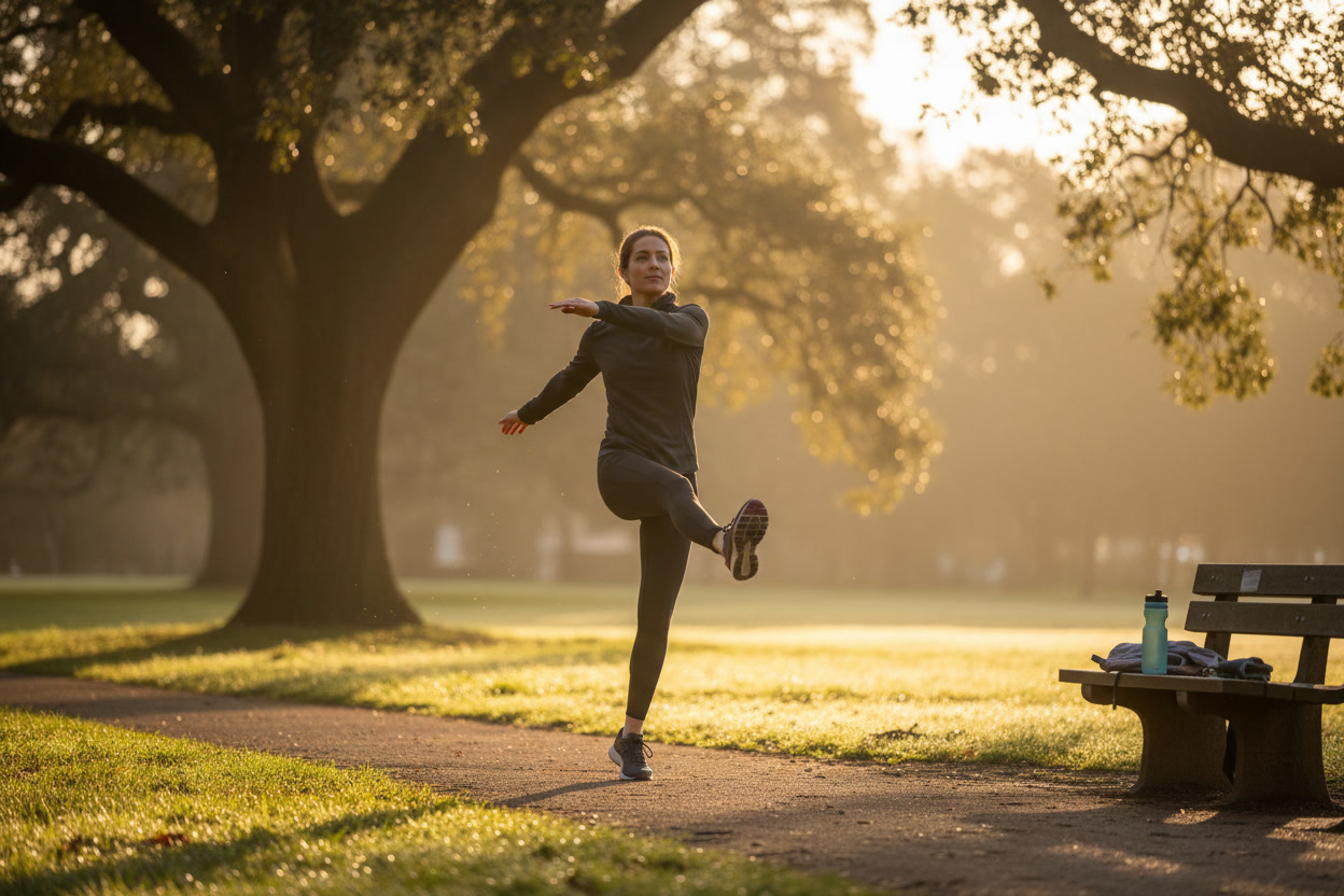 runner doing dynamic stretches and leg swings before a morning run
