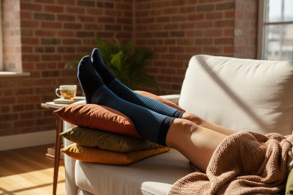 runner's legs elevated on a couch with compression socks during recovery