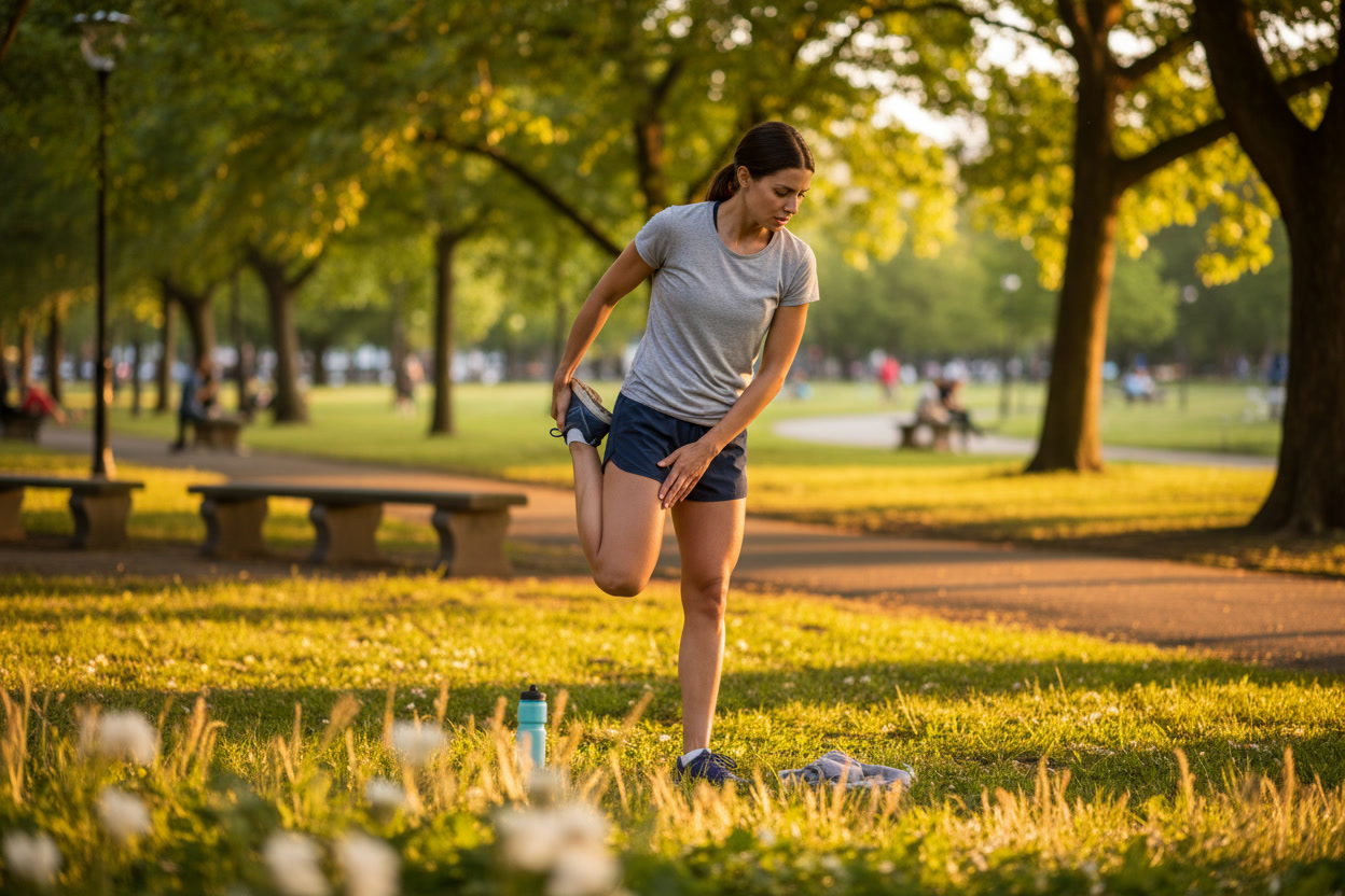 runner stretching quad and checking knee after workout in park