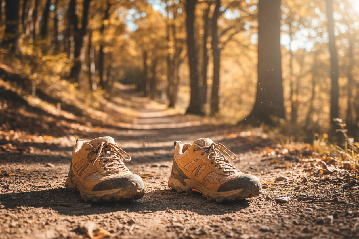 close up of walking shoes on outdoor trail with sunlight filtering through trees