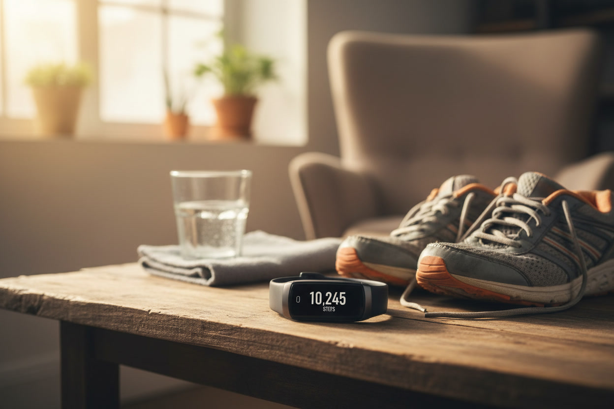 fitness tracker displaying step count on wooden table next to sneakers