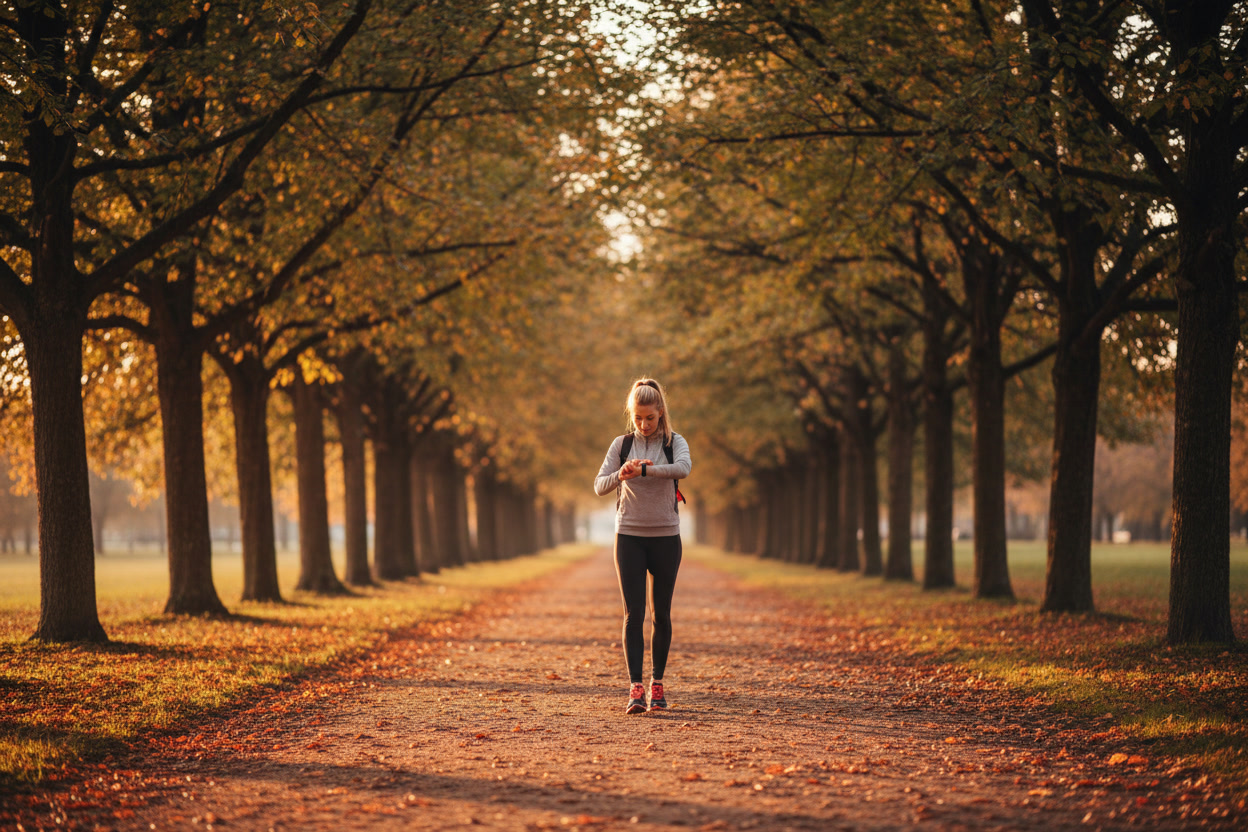 person walking on a tree-lined path checking fitness tracker on wrist