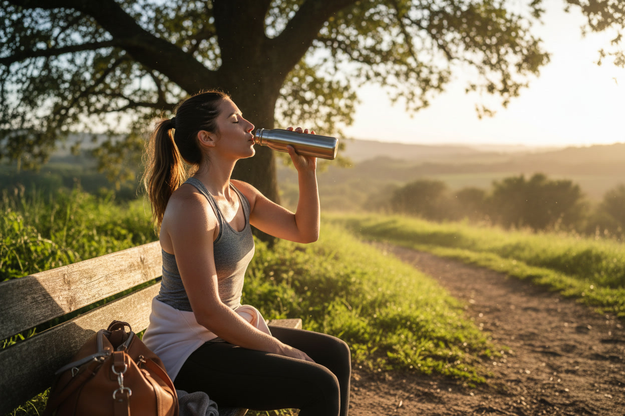 Woman drinking water from a reusable bottle after outdoor workout